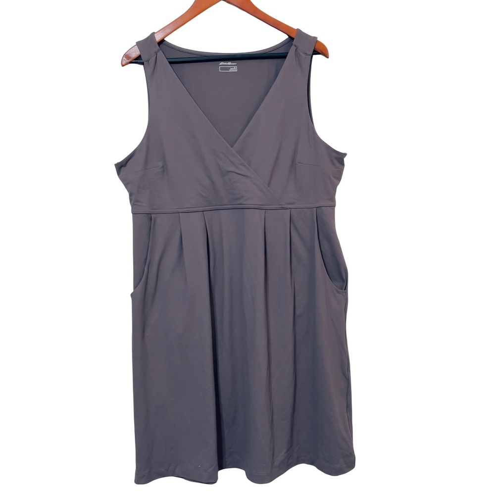 Eddie Bauer‎ Womens XL Gray V-Neck Sleeveless Pleated Pocket Dress Athleisure